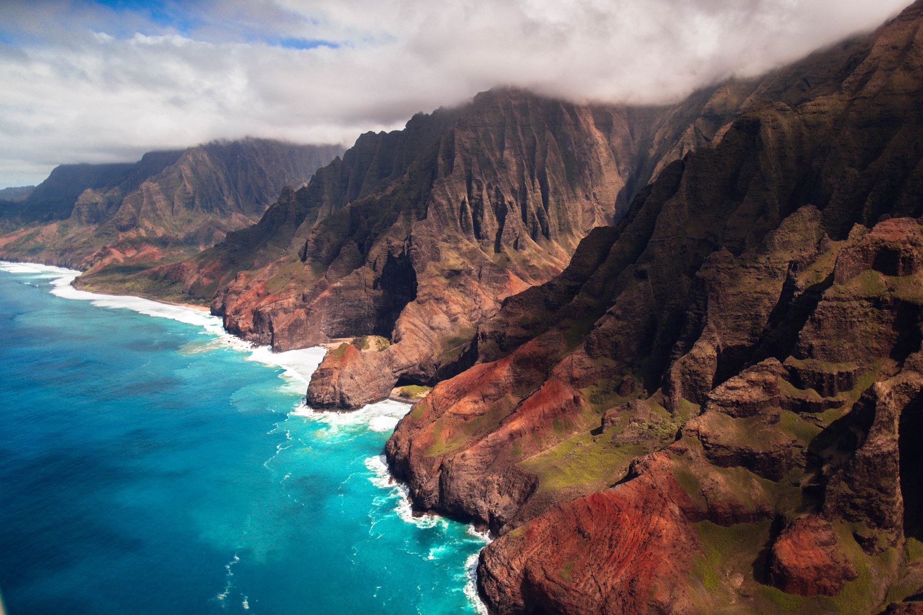 Nā Pali Coast aerial with cliffs and ocean
