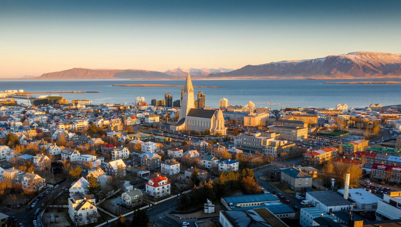 Aerial view over Reykjavík and Hallgrímskirkja